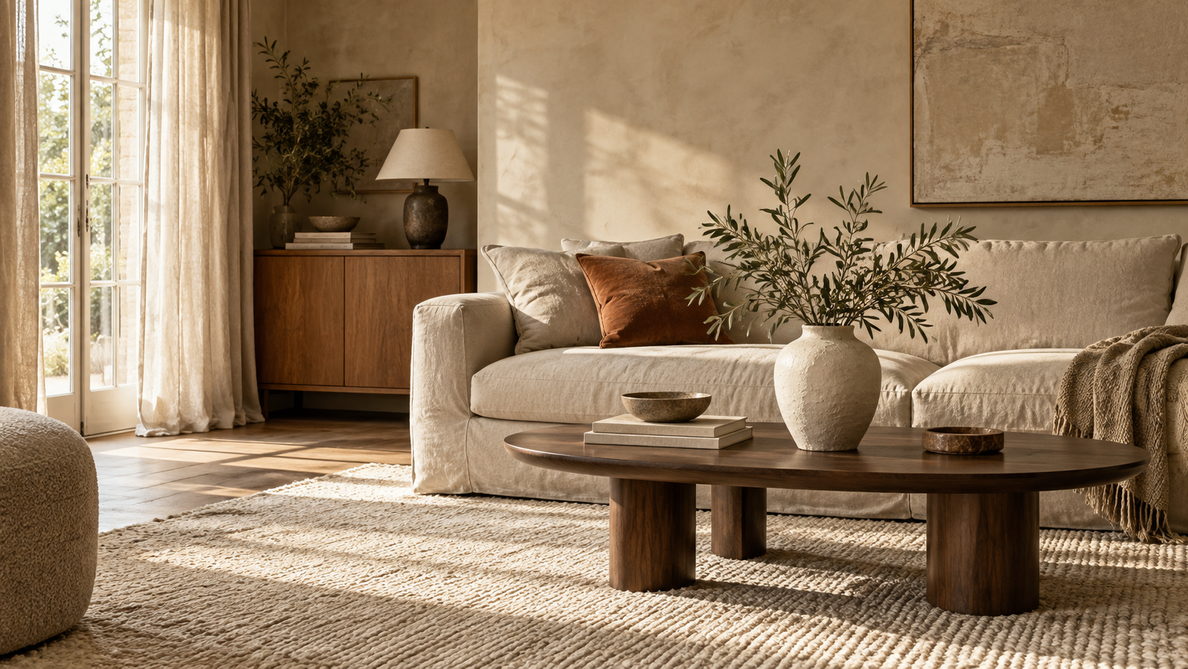 Sunlit neutral living room with a linen sofa and a ceramic vase