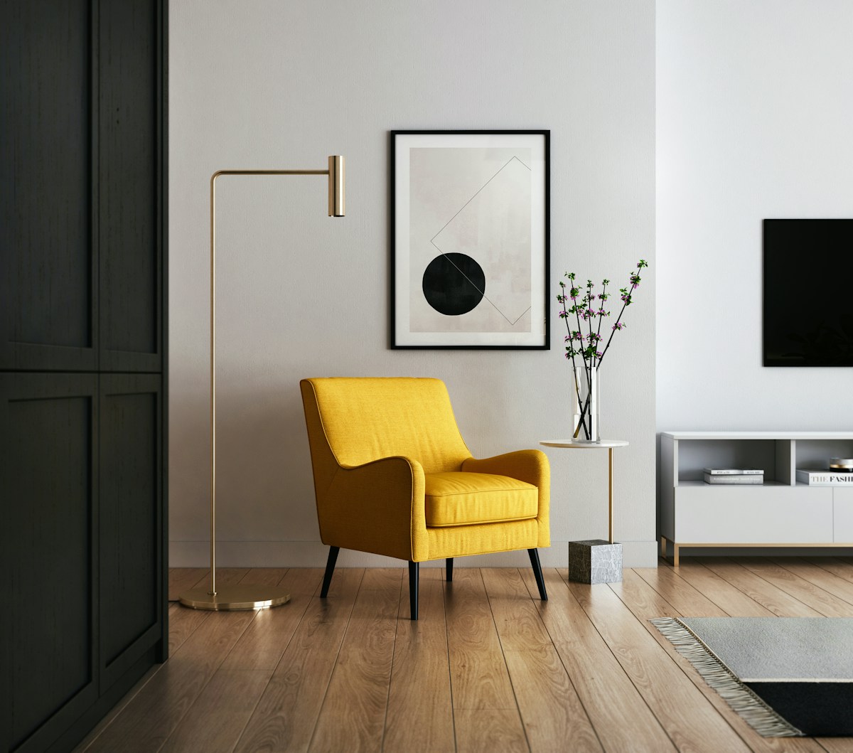 Accent chair and a brass lamp in a contemporary living room