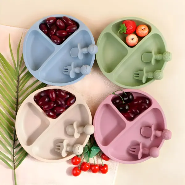 100508-9d3c58.webp 3-Piece Silicone Baby Feeding Set with Suction Bowl, Divided Plate, Spoon, Fork, and Bib