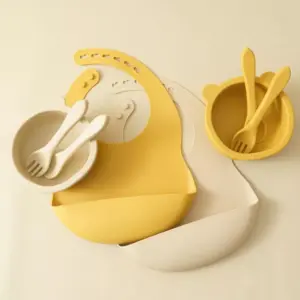 Silicone Baby Dinnerware Set with Adjustable Bib and Cartoon Bowl