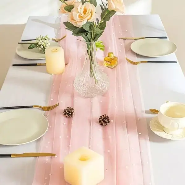 111894-642fea.webp Elegant Pink Pearl Mesh 10FT Table Runner