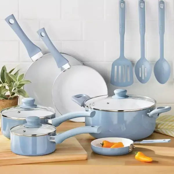 Deluxe Aqua 12-Piece Ceramic Nonstick Cookware Set - Eco-Friendly, Hand Wash Only