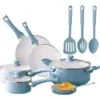 Deluxe Aqua 12-Piece Ceramic Nonstick Cookware Set - Eco-Friendly, Hand Wash Only