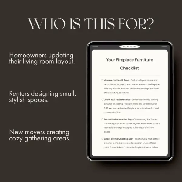 Your Fireplace Furniture Checklist | Printable Home Styling Guide for Living Room Layouts | How to Arrange Furniture Around a Fireplace | Cozy Interior Design Digital Download