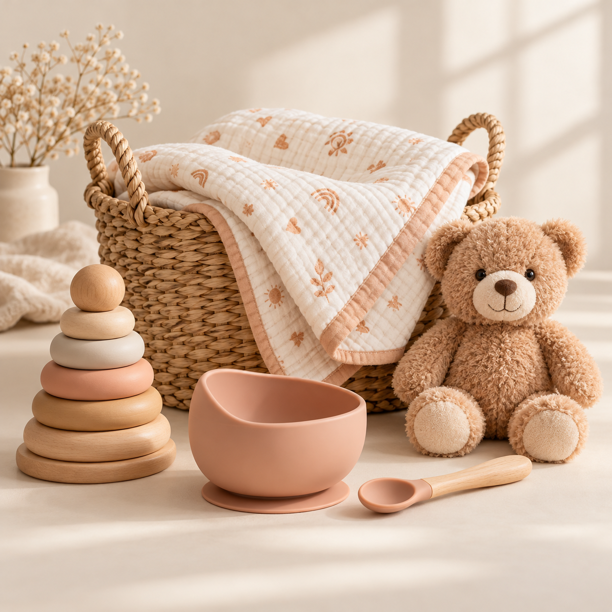 Kids & Baby Baby blanket, teddy bear, stacking toy and feeding accessories.